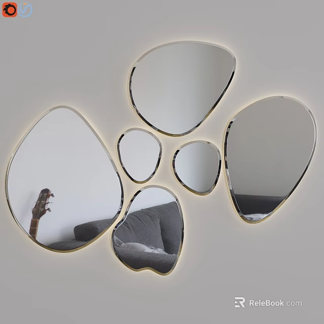 Irregular Shaped Golden Framed Mirrors as Modern Living Room Wall Decor 3d model 