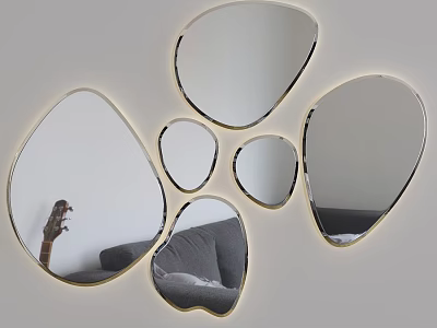 Irregular Shaped Golden Framed Mirrors as Modern Living Room Wall Decor 3d model
