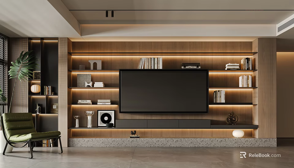 Modern Living Room Interior With Wooden Accent Wall Large Screen TV Bookshelves And LED Lighting 3d model 