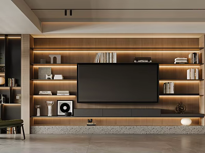 Modern Living Room Interior With Wooden Accent Wall Large Screen TV Bookshelves And LED Lighting 3d model