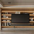 Modern Living Room Interior With Wooden Accent Wall Large Screen TV Bookshelves And LED Lighting