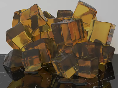 Stylish Decorative Ornament Set With Stacked Yellow Transparent Cubes On Black Base 3d model