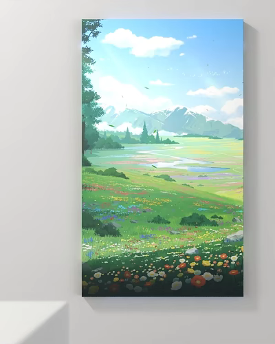 Scenic Landscape Painting With Colorful Flower Field Green Meadow Distant Mountains And Calm Lake 3d model