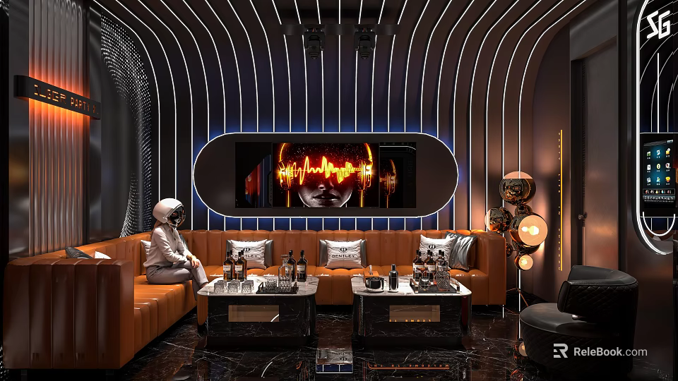Modern KTV Lounge With Orange Sofa Coffee Tables Screen Decorative Lights And Astronaut Model 3d model 