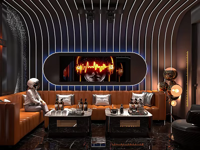 Modern KTV Lounge With Orange Sofa Coffee Tables Screen Decorative Lights And Astronaut Model 3d model