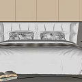 Modern Double Bed with Upholstered Headboard White Comforter Gray Pillows and Bedside Lamp 3d model