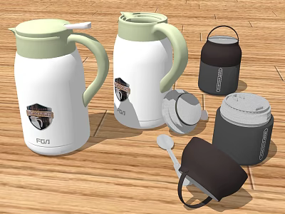 Insulated White And Black Cups With Green Lids And Spoon On Wooden Floor 3d model