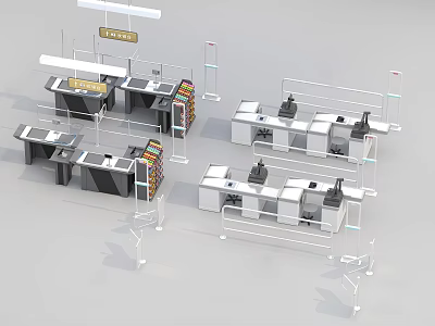 Modern Reception Desk Layout With Cashier Stations And Signage For Retail Space 3d model