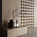 Wooden Bedroom Accent Wall with Perforated Panels Central Cabinet and Side Decor Pieces