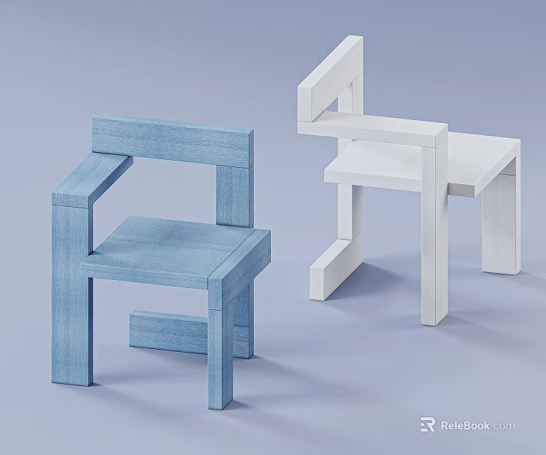 Modern Minimalist Blue And White Single Chairs With Geometric Linear Structure Design 3d model 