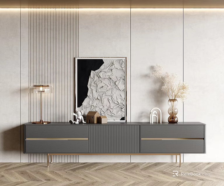 Modern Gray TV Stand with Drawers Golden Legs Striped Wall Table Lamp and Decorative Items 3d model 