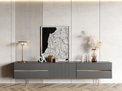 Modern Gray TV Stand with Drawers Golden Legs Striped Wall Table Lamp and Decorative Items 3d model