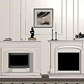 White Stone Fireplaces With Burning Flames And Decorative Items On Paneled Walls