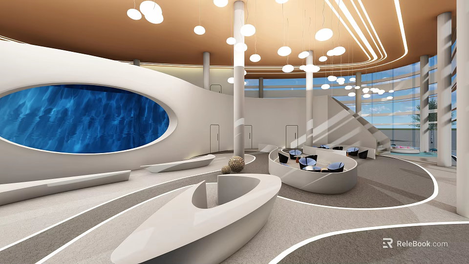 Modern Sales Office Interior With Unique Lighting Curved Furniture And Large Windows 3d model 