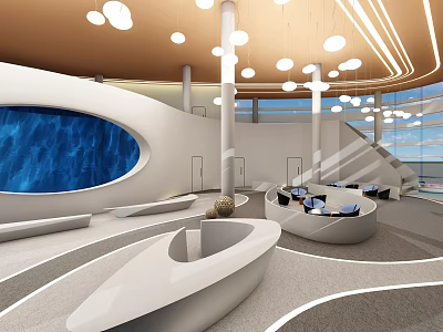 Modern Sales Office Interior With Unique Lighting Curved Furniture And Large Windows 3d model