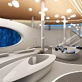 Modern Sales Office Interior With Unique Lighting Curved Furniture And Large Windows