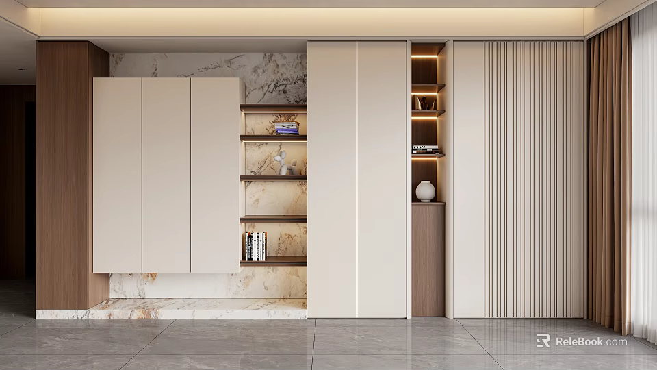 Modern Minimalist Decorative Cabinet Interior With Beige Open Shelves Marble Backdrop And LED Lights 3d model 