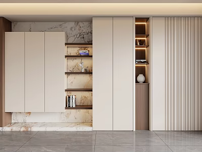 Modern Minimalist Decorative Cabinet Interior With Beige Open Shelves Marble Backdrop And LED Lights 3d model