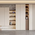 Modern Minimalist Decorative Cabinet Interior With Beige Open Shelves Marble Backdrop And LED Lights