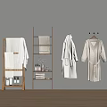 Neutral Soft Cotton Bath Towels and Robes on Wooden Shelves in Bathroom