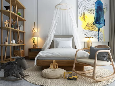 Elegant Double Bed Bedroom Interior With White Canopy Wooden Nightstand Rocking Chair And Woven Rug 3d model