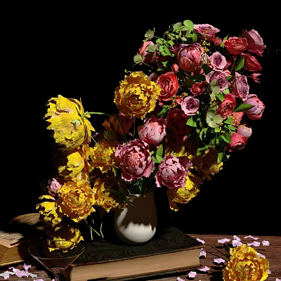 Elegant White Vase With Yellow And Pink Peonies And Scattered Petals On Dark Background 3d model