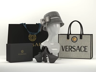 Mannequin Wearing Gray Hat With Versace Shopping Bag Box High Heels And Tote Bag 3d model