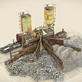 Industrial Factory With Rusty Concrete Silos Crane Gravel Trucks And Equipment