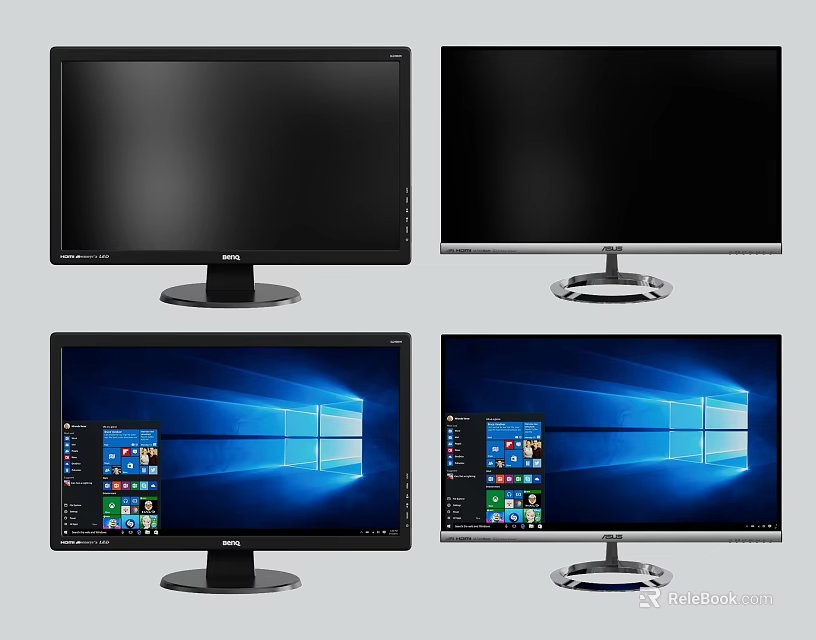 Dell Computer Monitors With Multiple Displays Showing Windows Interface Different Base Designs And Screen States 3d model 