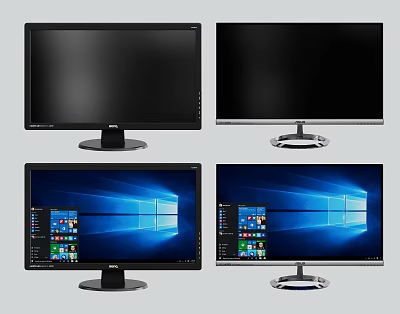 Dell Computer Monitors With Multiple Displays Showing Windows Interface Different Base Designs And Screen States 3d model