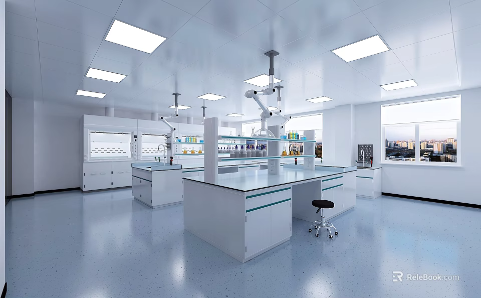 Modern Spacious Laboratory Interior With Clean Lab Benches Ceiling Lights And Workstations 3d model