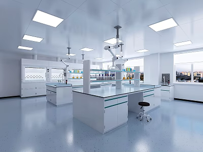 Modern Spacious Laboratory Interior With Clean Lab Benches Ceiling Lights And Workstations 3d model