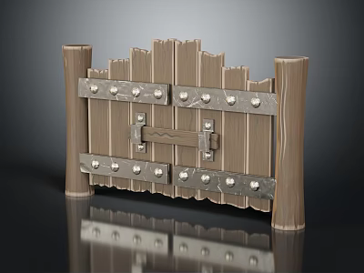 Rustic Wooden Gate Structure With Metal Rivets Hinges And Side Pillars 3d model