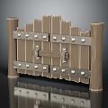 Rustic Wooden Gate Structure With Metal Rivets Hinges And Side Pillars 3d model