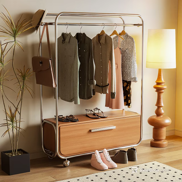Clothes Rack With Hanging Clothes Wooden Cabinet Shoes On Top Floor Lamp And Potted Plant 3d model 