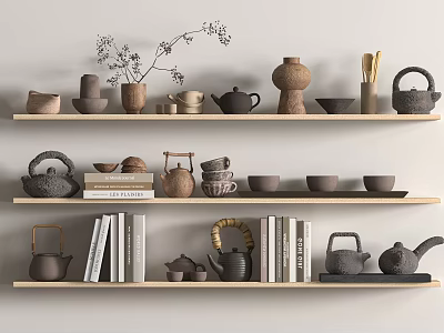 Various Tea Sets Displayed On Wooden Shelves With Teapots Teacups Books And Decorative Plants 3d model