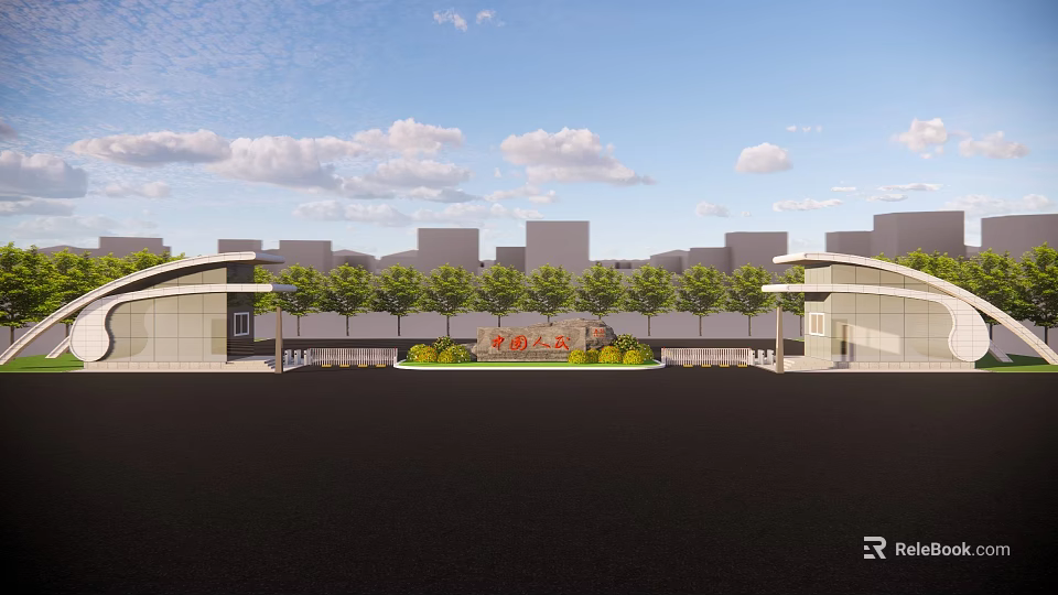 Modern Entrance Gate Design With Trees Green Plants And City Background Sign 3d model 