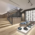 Shoe Store Interior with Shelves Display Tables Various Shoes Modern Lighting and Wooden Flooring
