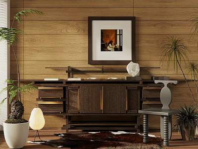 Wooden Decorative Cabinet In Modern Interior With Plants And Wall Artwork 3d model