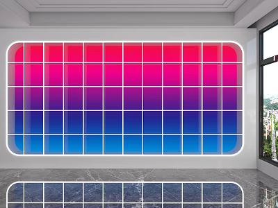 Display Shelves Featuring Gradient Pink Blue Grid Design In Room With Marble Floor Window View 3d model