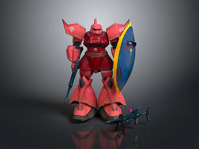 Red Armored Mecha Game Character With Blue Shield And Gun Weapon Design 3d model