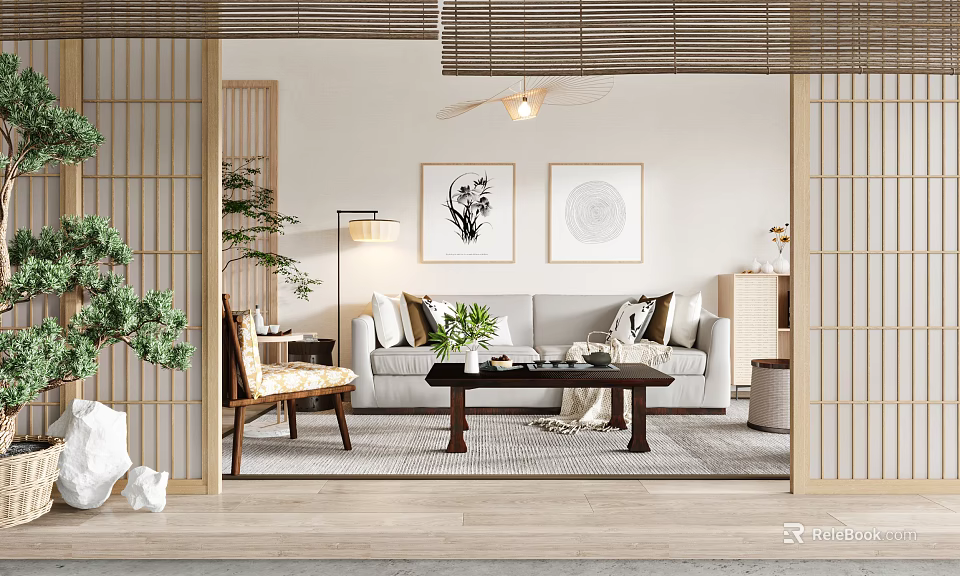 Elegant Japanese Zen Living Room Interior Design With Natural Wood Partitions And Cozy Comfortable Sofa 3d model 