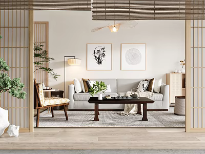 Elegant Japanese Zen Living Room Interior Design With Natural Wood Partitions And Cozy Comfortable Sofa 3d model