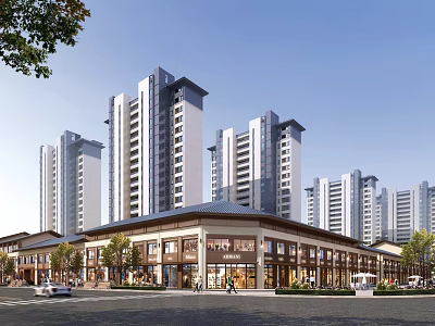 Vibrant Commercial Street with Low Rise Shops High Rise Buildings Pedestrians and Green Trees 3d model