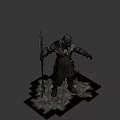 Helmeted Game Movie Knight Character In Metallic Armor Holding Spiked Spear Pointing Forward
