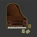 Classic Brown Wooden Piano With Ornate Carved Design Open Lid And Sheet Music
