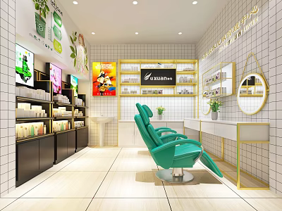 Beauty Store Interior With Green Chairs White Tiled Walls Product Shelves Mirrors And Plants 3d model