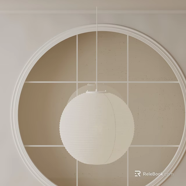 White Paper Lantern Pendant Light with Circular Grid Frame on Neutral Beige Wall 3d model