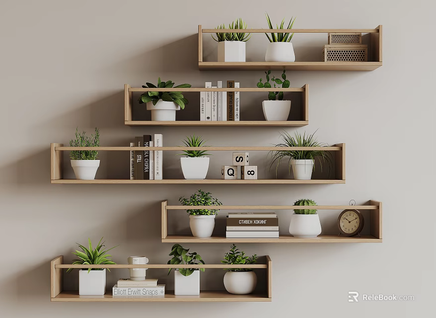 Bonsai Potted Plants Displayed on Wooden Shelves with Books and Decorative Items 3d model 