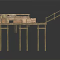 Wooden Stilt Platform With Cargo Boxes Canvas Cover And Railed Walkway